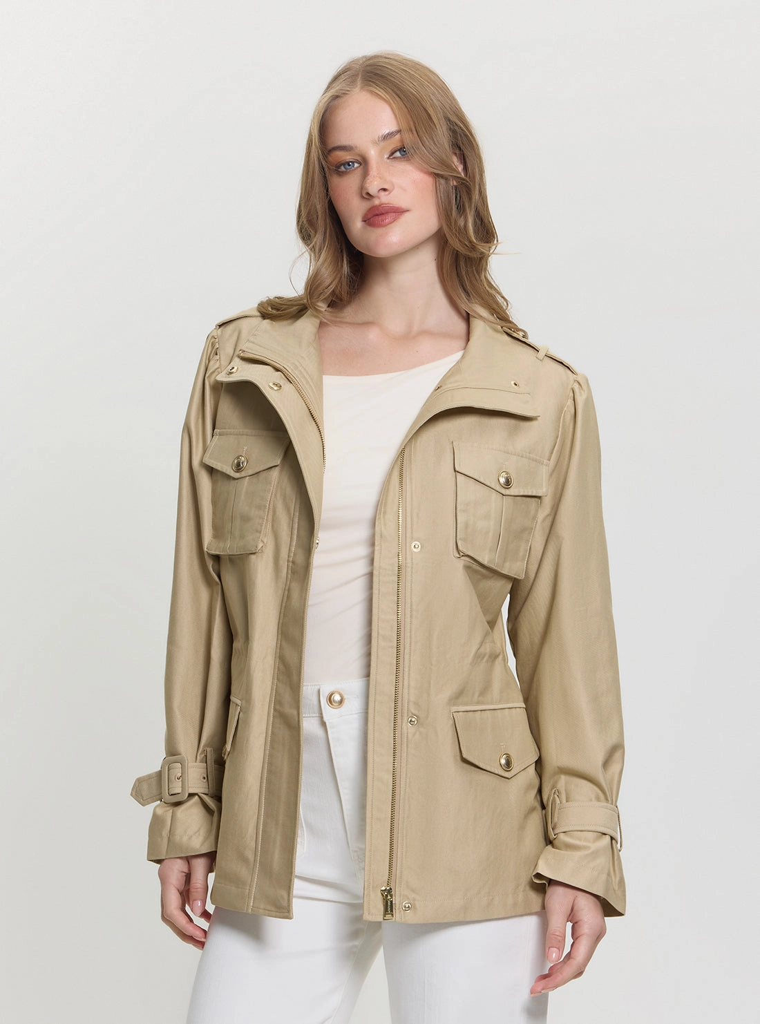 Beige Emma Field Utility Jacket Noise Reduced Fabrics Heat Reflective Tech