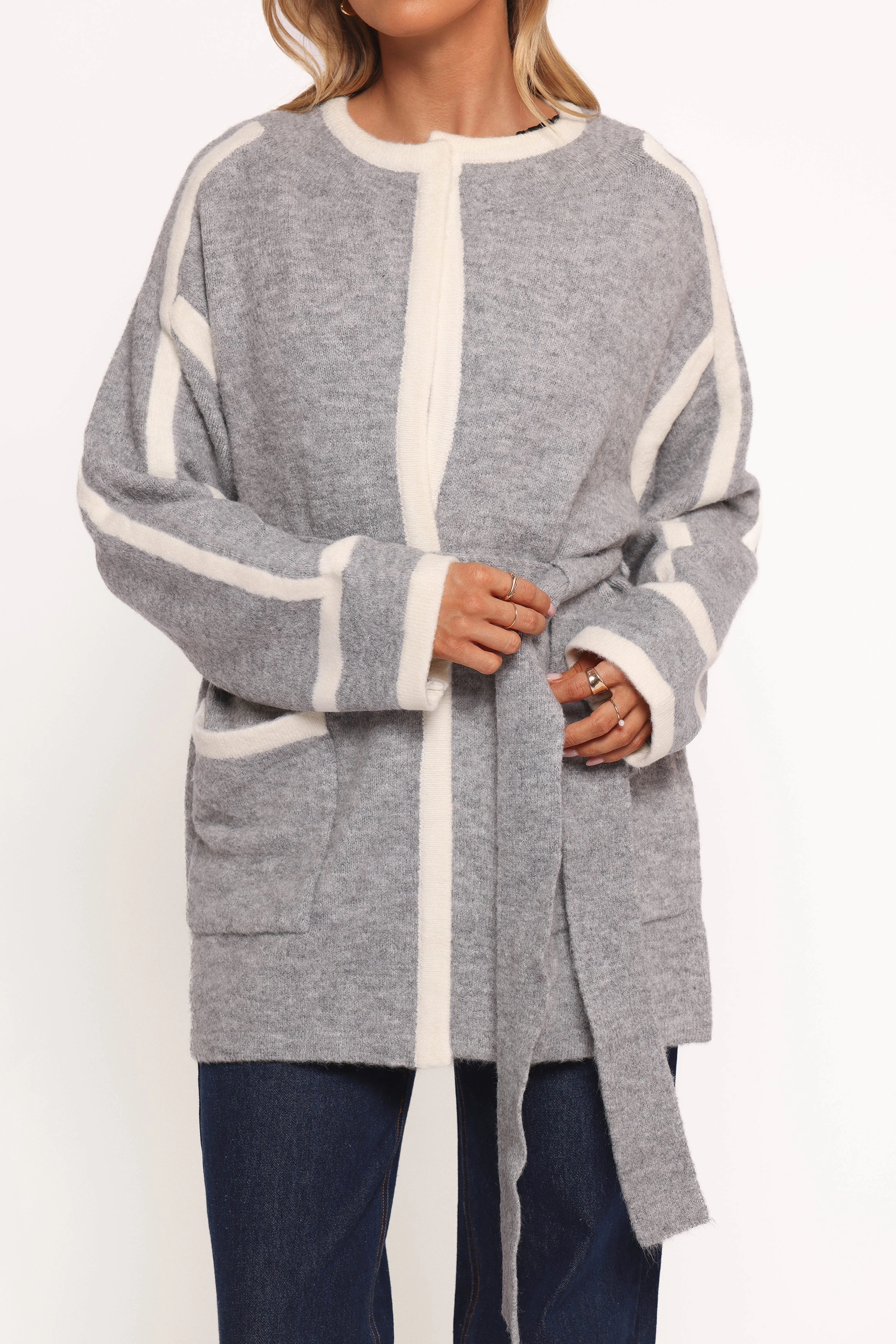 Maloney Tie Front Coatigan - Grey Circular Knit Technology windy days