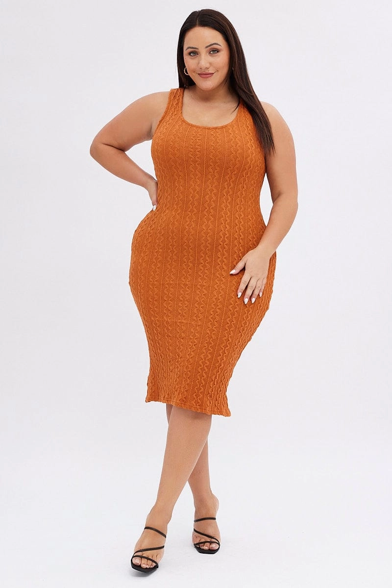 Orange Midi Dress Cable Look Knit Flattering Look Fit Chic Waist Design