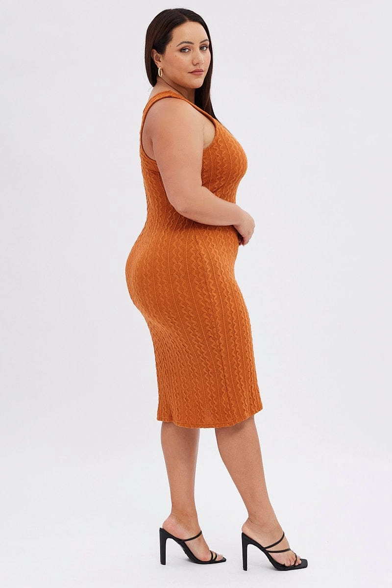 Orange Midi Dress Cable Look Knit Recycled-Material Casual Feel