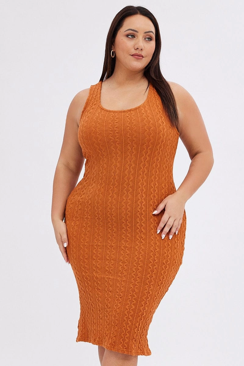 Sleek Silhouette Orange Midi Dress Cable Look Knit