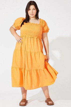 Orange Midi Dress Short Sleeve Shirred QuickReleaseClasp Casual chic dress