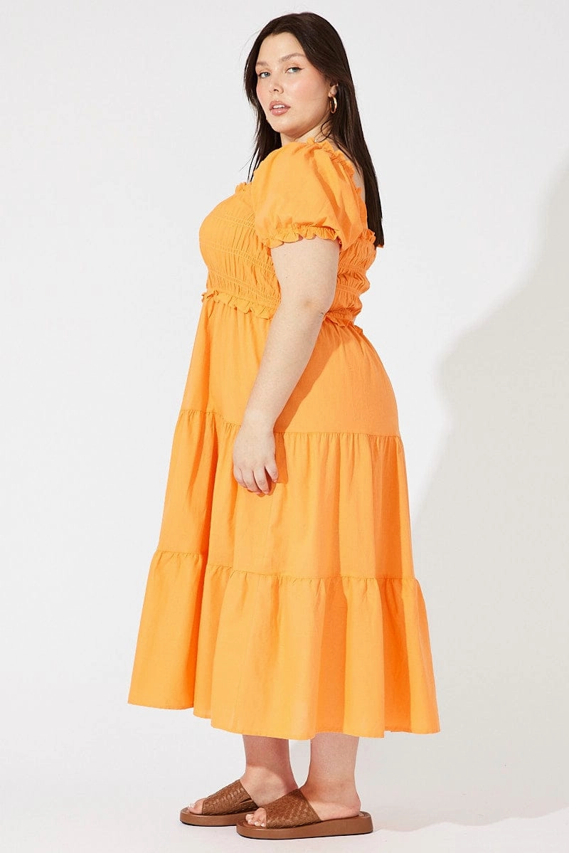 Orange Midi Dress Short Sleeve Shirred Fashion Layers