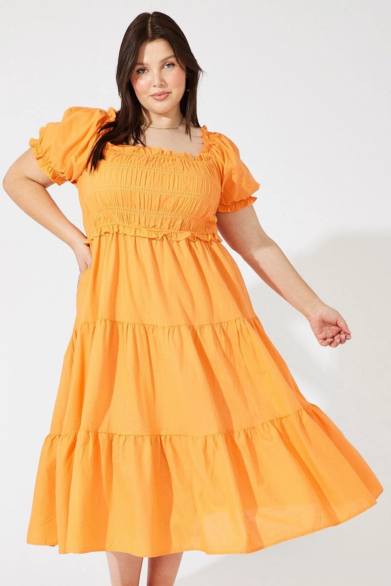 BreathableFabric Orange Midi Dress Short Sleeve Shirred