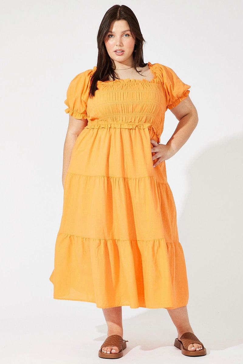 Orange Midi Dress Short Sleeve Shirred Refined Stitch