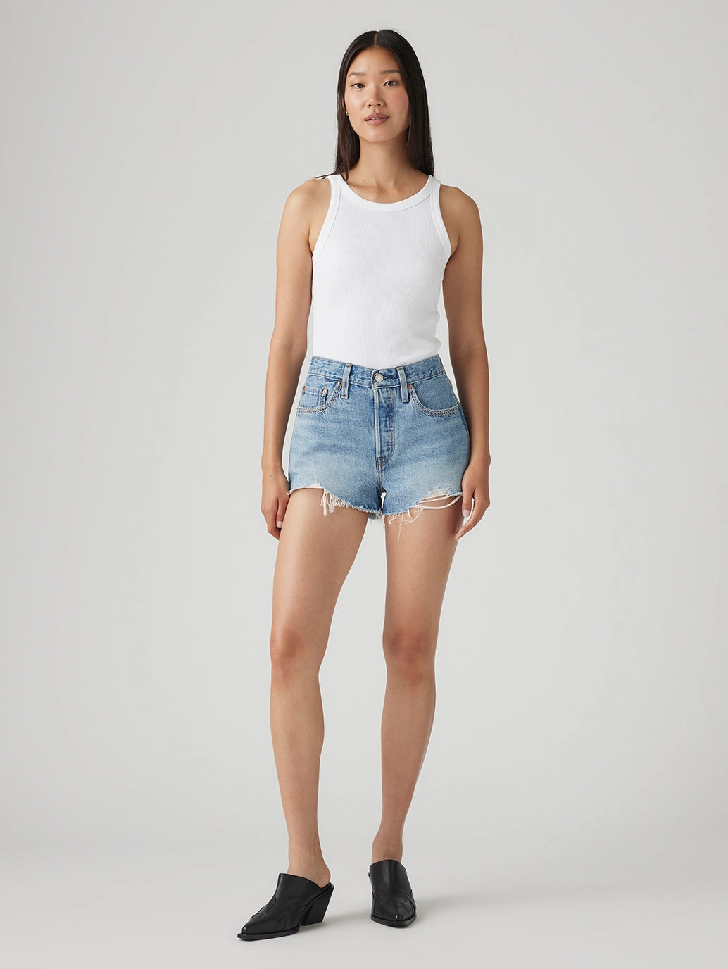 Clean Stretch Laser Cut Edges Women's 501 Mid Rise Blue Straight Fit Shorts