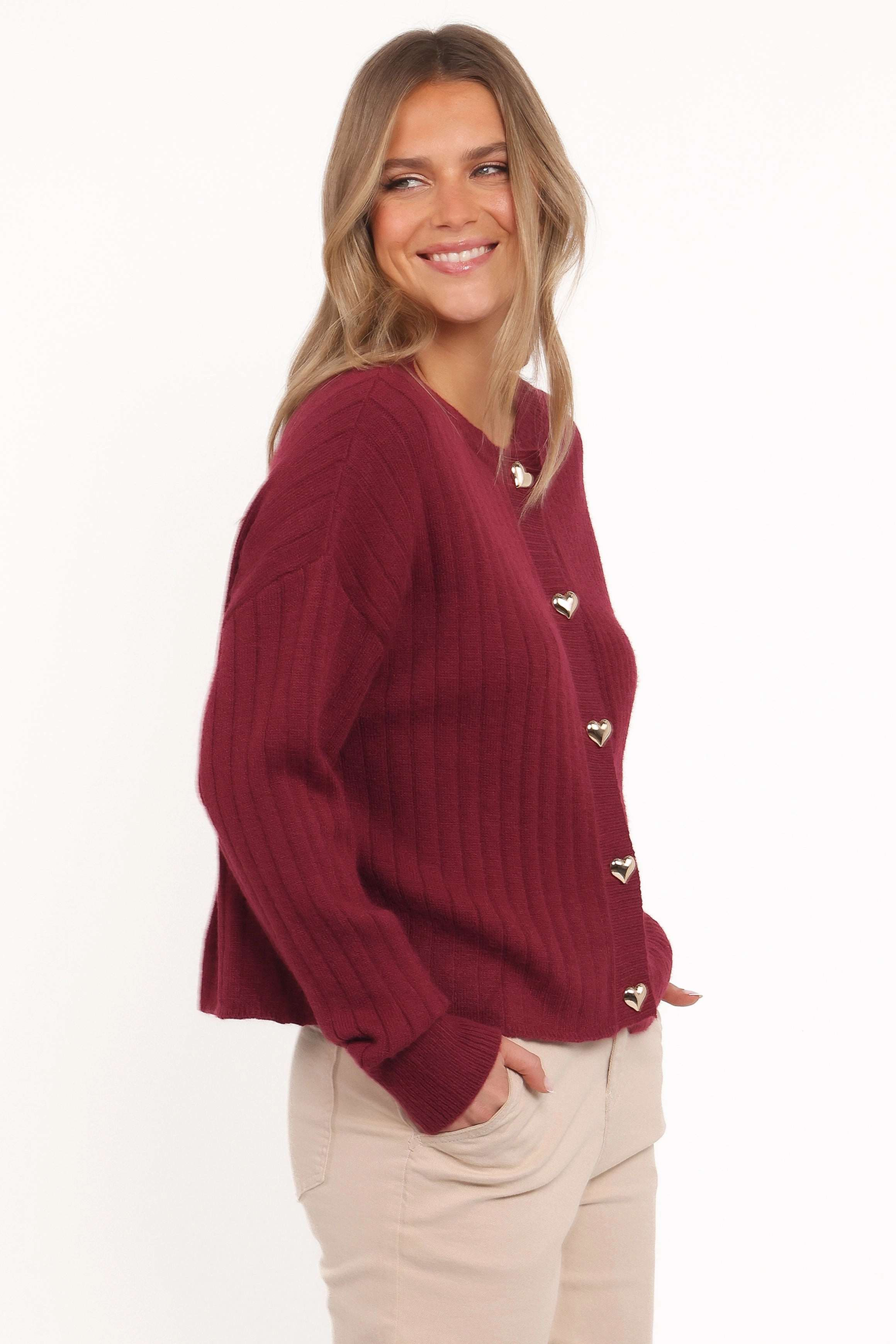 ShrinkResistant Weave Loulani Heart Button Cardigan - Cherry