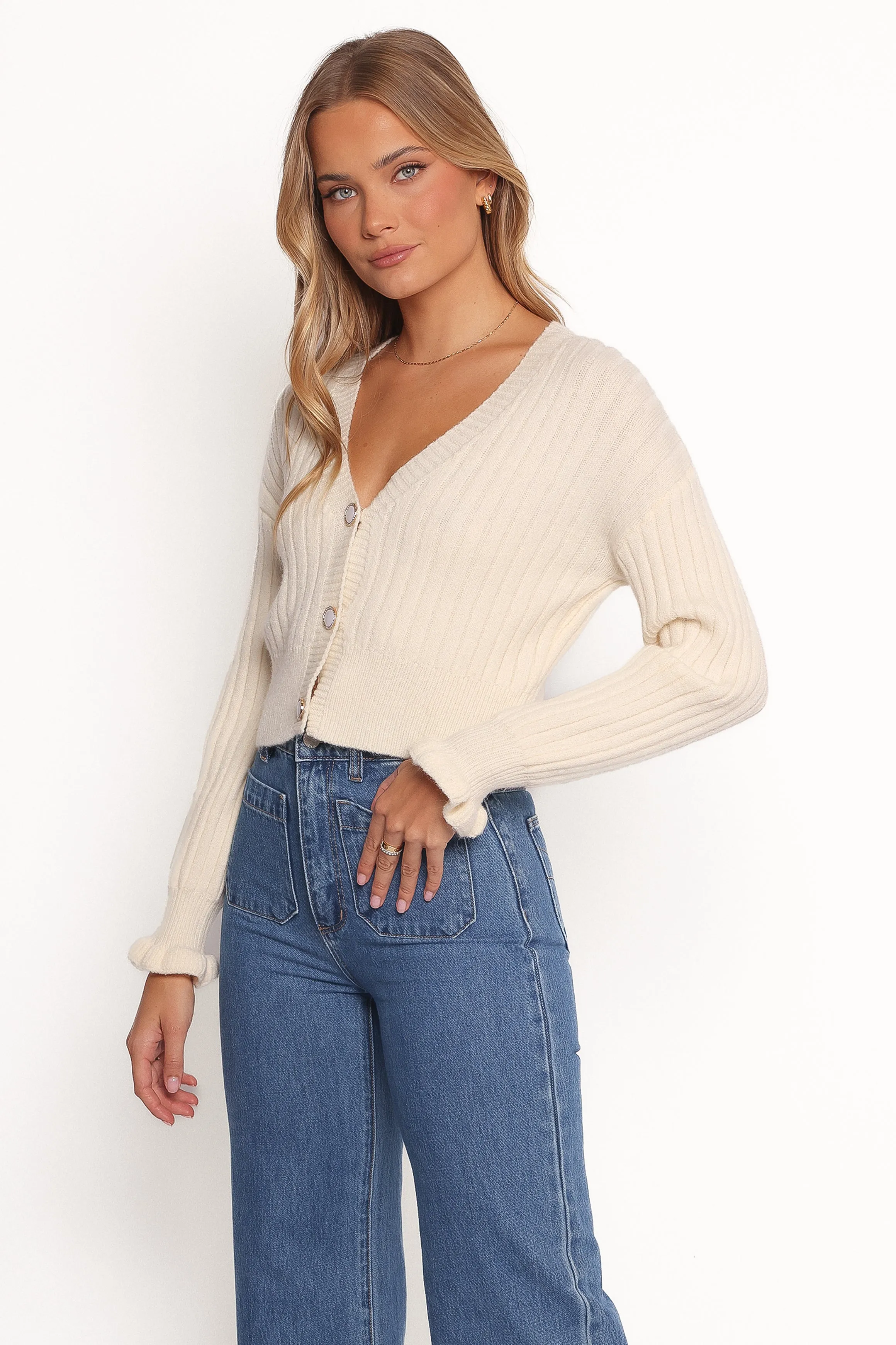 Zana Ribbed ruffle cuff Knit Sweater - Cream Indoor Comfort