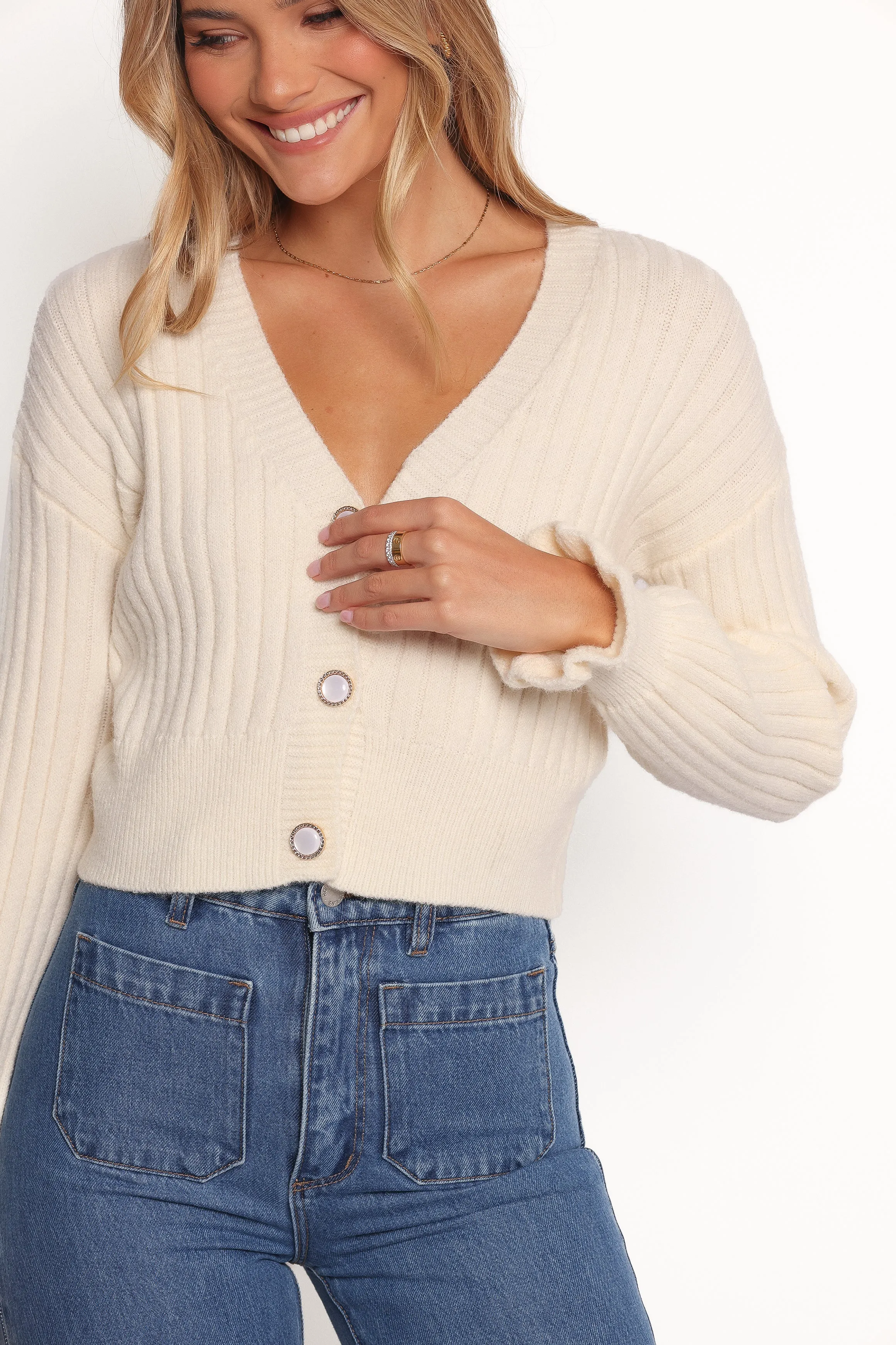 Dimensional Jacquard Weave Zana Ribbed ruffle cuff Knit Sweater - Cream