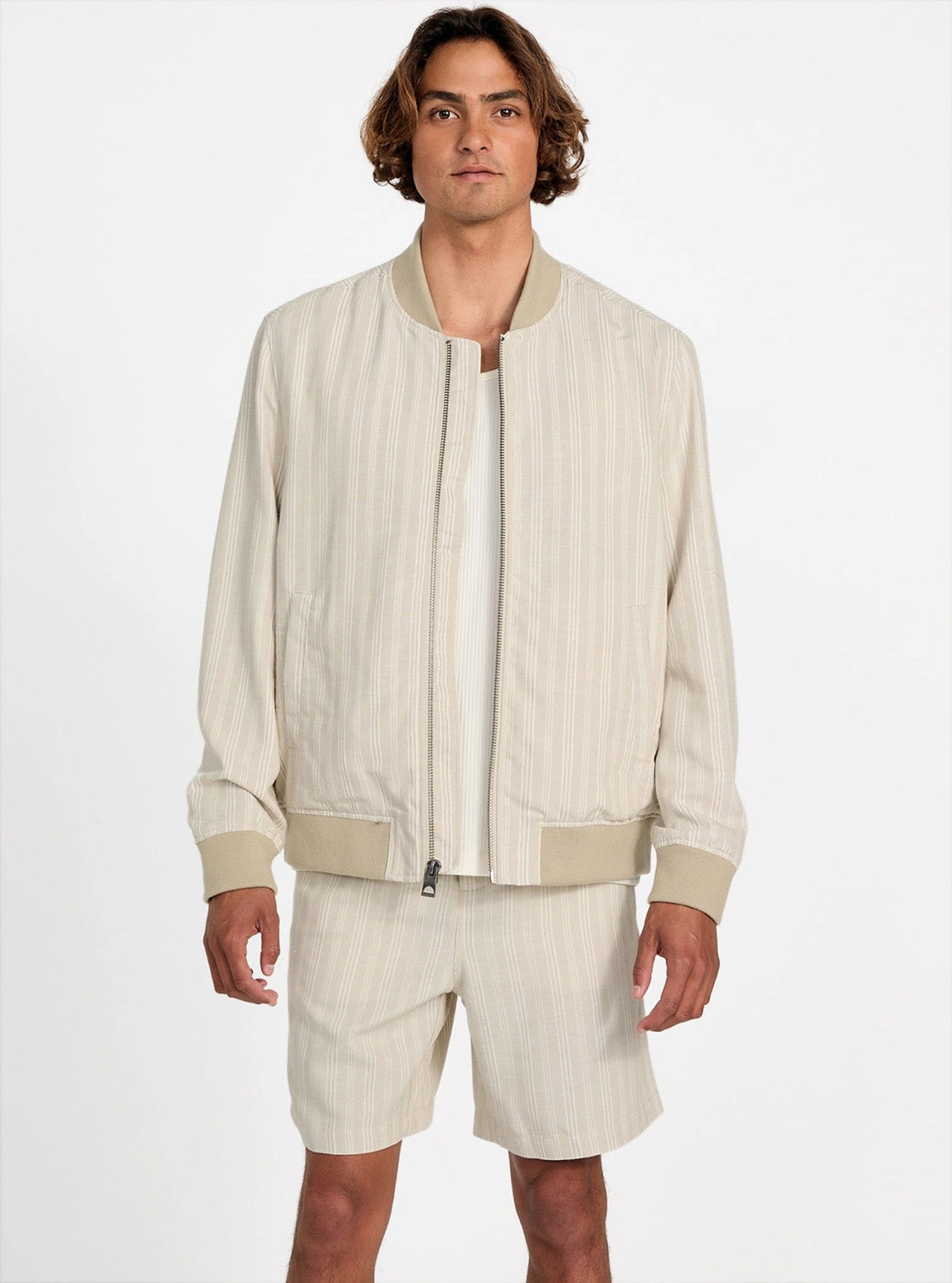 Eco Beige Fletcher Linen Striped Bomber Jacket Temperature Balancing Layer