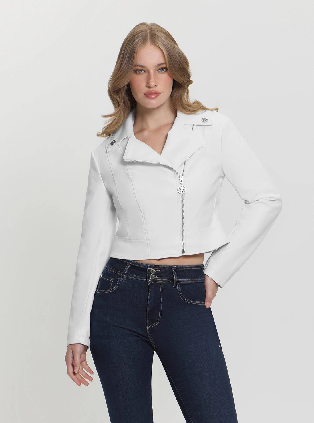 White Clemence Faux-Leather Jacket No Collar