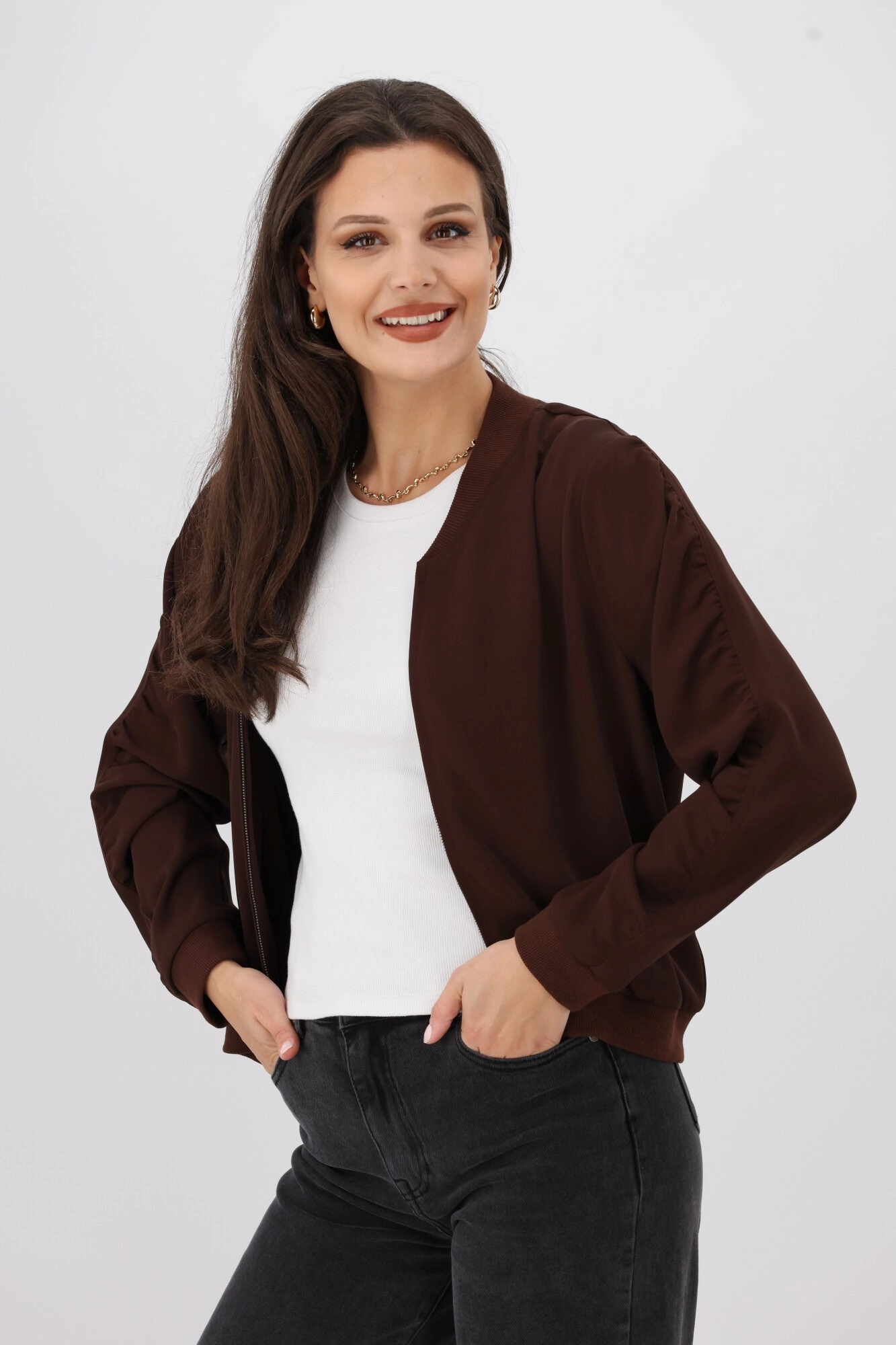 Shine On Label Hailey Gathered Sleeve Bomber Jacket Chocolate Insulated Design