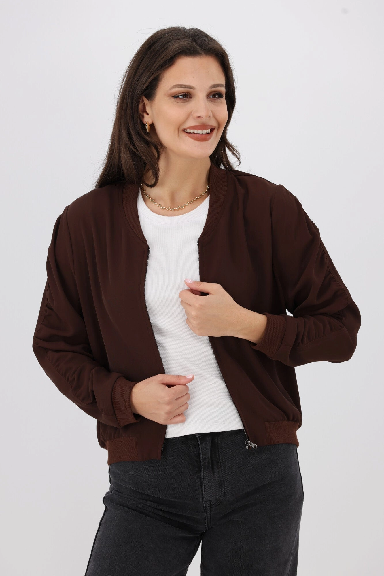 Shine On Label Hailey Gathered Sleeve Bomber Jacket Chocolate Flexible Fit Engineering Recycled Textile