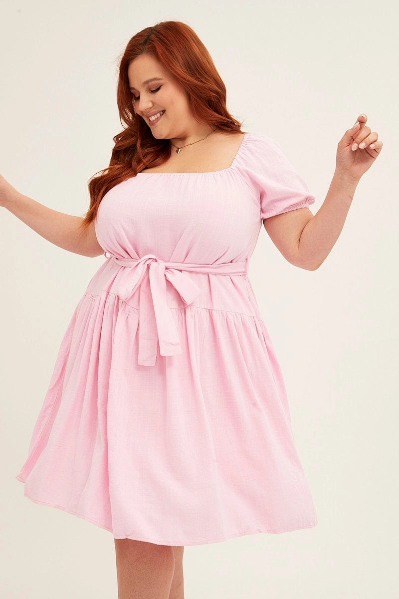 Flutter-Sleeve Fit Choice Pale Pink Mini Dress Short Sleeve Scoop Neck Linen Blend