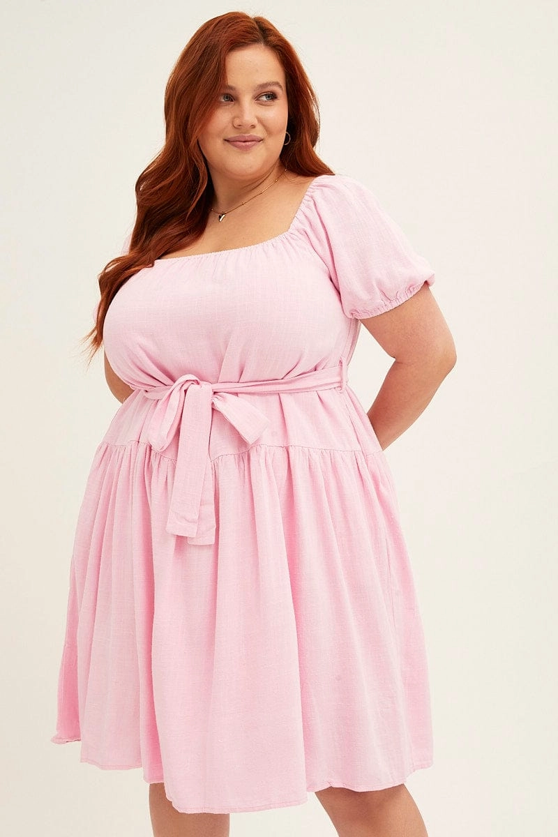 Modest Look Pale Pink Mini Dress Short Sleeve Scoop Neck Linen Blend