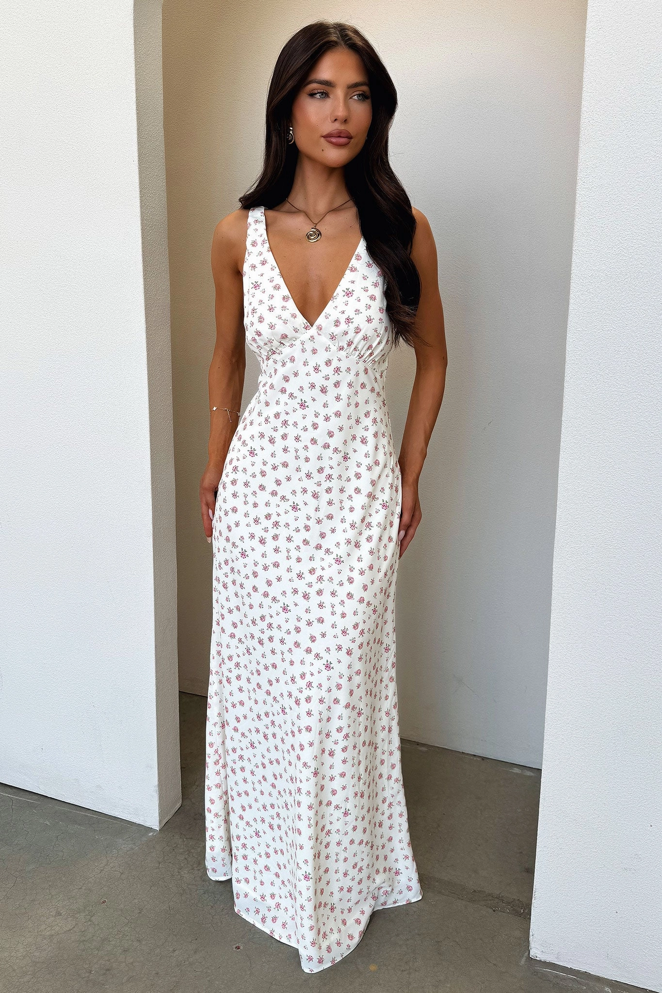 Naf V-Neck Maxi Dress - Rose Floral Minimalist Design Party-Ready