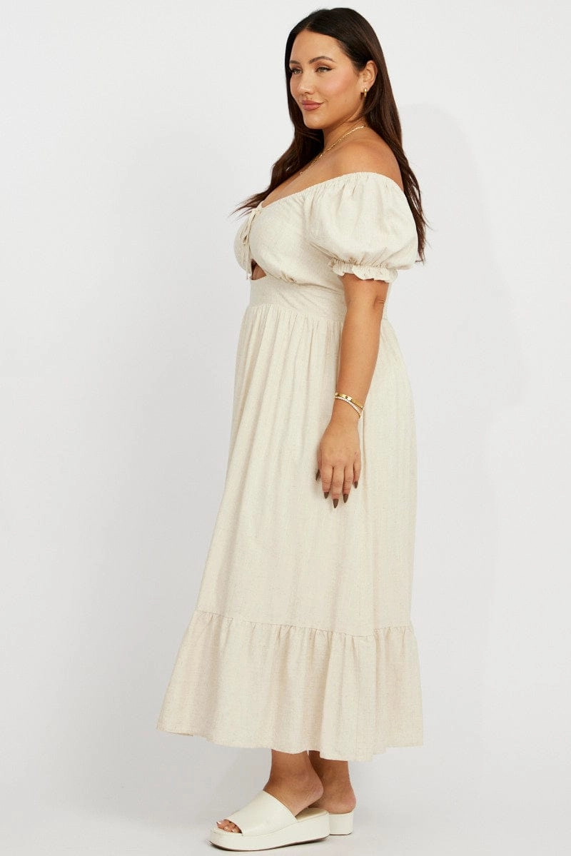 Edgy Twist Beige Midi Dress Short Sleeve Ruched Bust