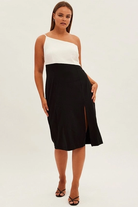Button Accent Black Midi Dress Asymmetrical Color Block