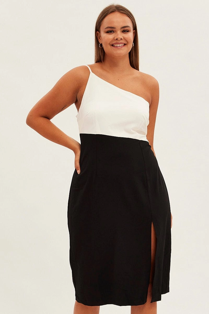 Black Midi Dress Asymmetrical Color Block understated look