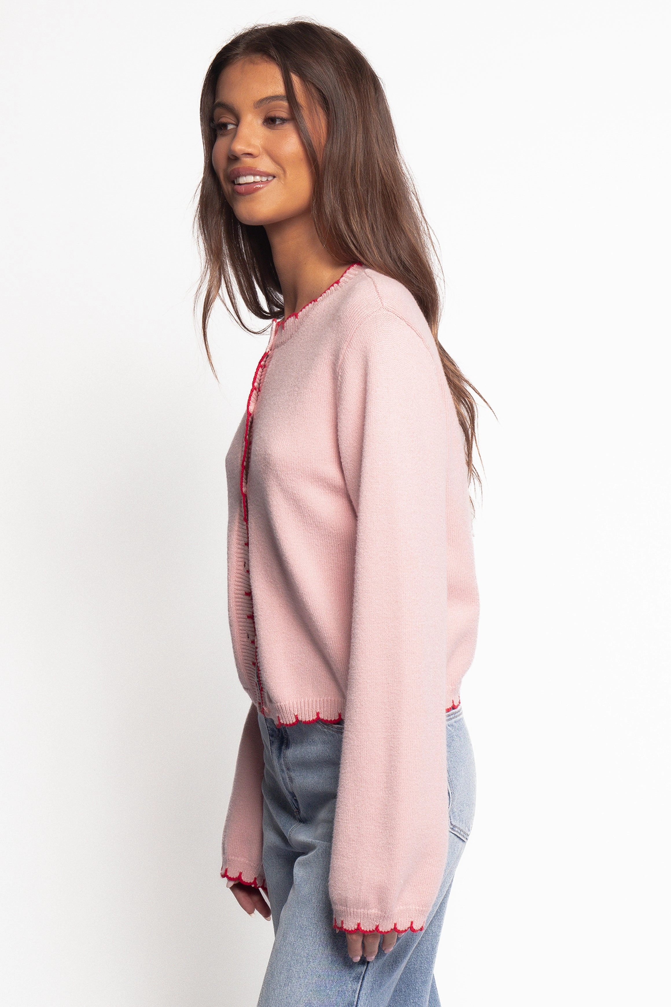 Brushed Inner Lining Payton Scallop Cardigan - Pink Red