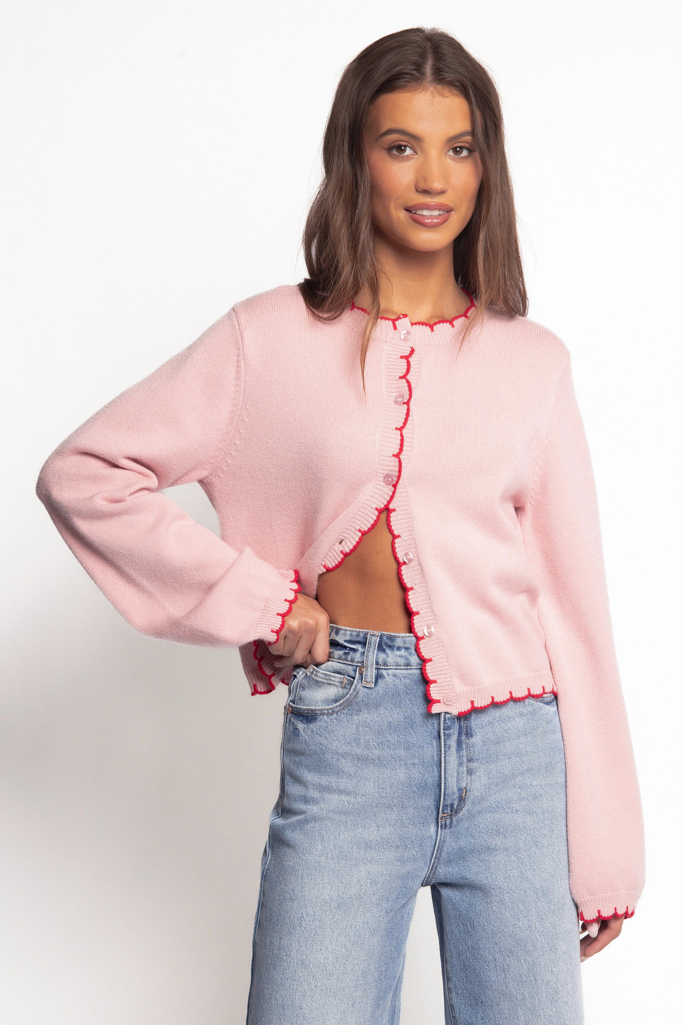 Payton Scallop Cardigan - Pink Red Lightweight Weave