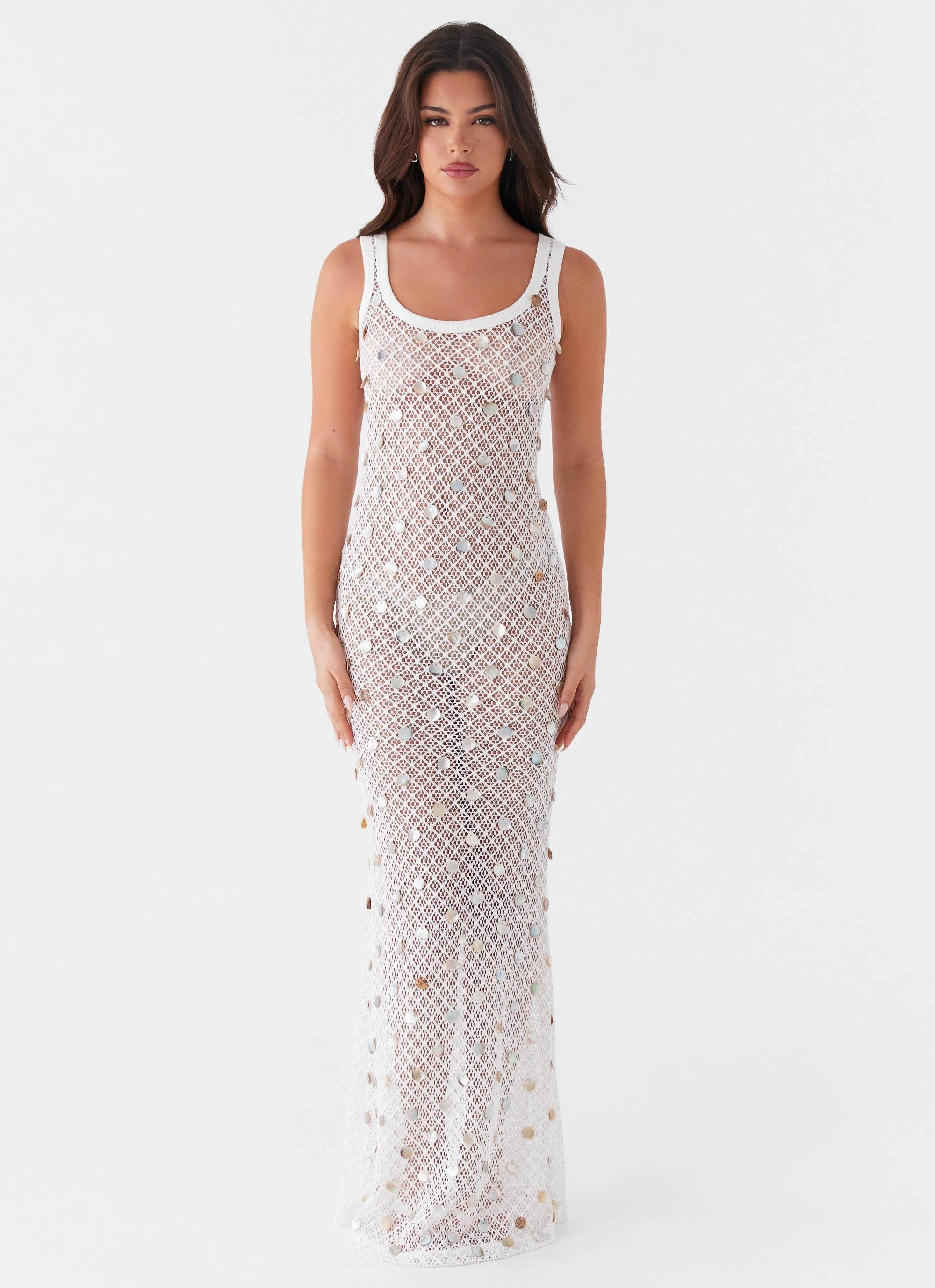 Penida Shell Knit Maxi Dress - White Stylish Feel Flattering Style