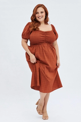 Sleeve Light Rust Midi Dress Textured Puff Sleeve