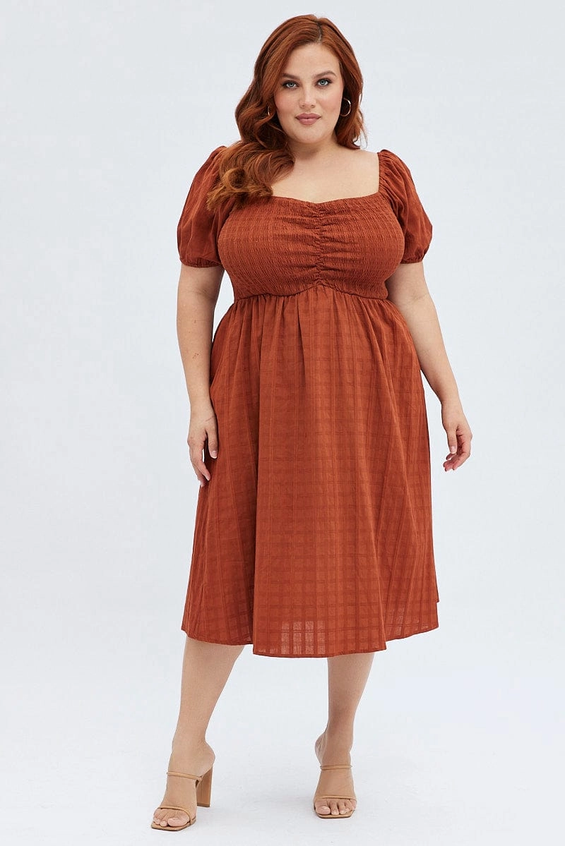 Polished and Elegant Rust Midi Dress Textured Puff Sleeve