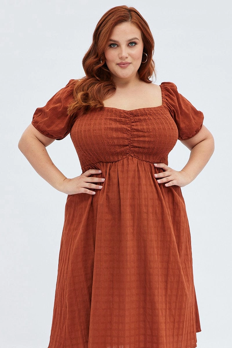 Rust Midi Dress Textured Puff Sleeve Soft Lines