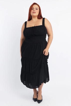 Black Maxi Dress Sleeveless Tiered Self Check Side-Pocket Essential Layer