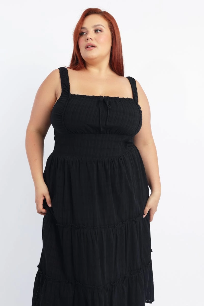 Black Maxi Dress Sleeveless Tiered Self Check Sleek Drape Seamless Finish