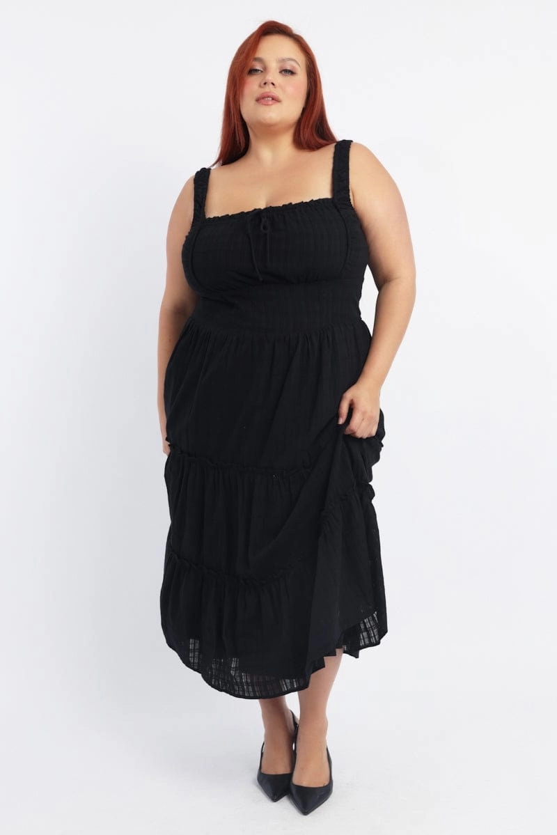 Black Maxi Dress Sleeveless Tiered Self Check Side-Pocket Essential Layer