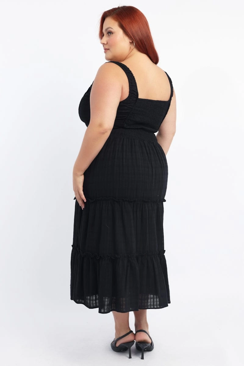 Smocked-Detail Summer Ease Black Maxi Dress Sleeveless Tiered Self Check