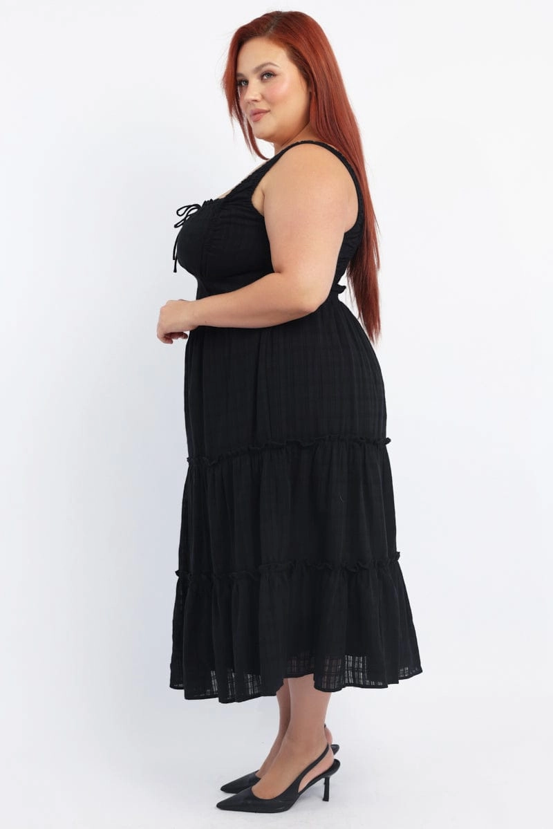 Black Maxi Dress Sleeveless Tiered Self Check Modern Design Shape Hug