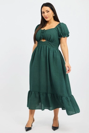 Green Midi Dress Short Sleeve Cut Out Tiered Effortless Mood