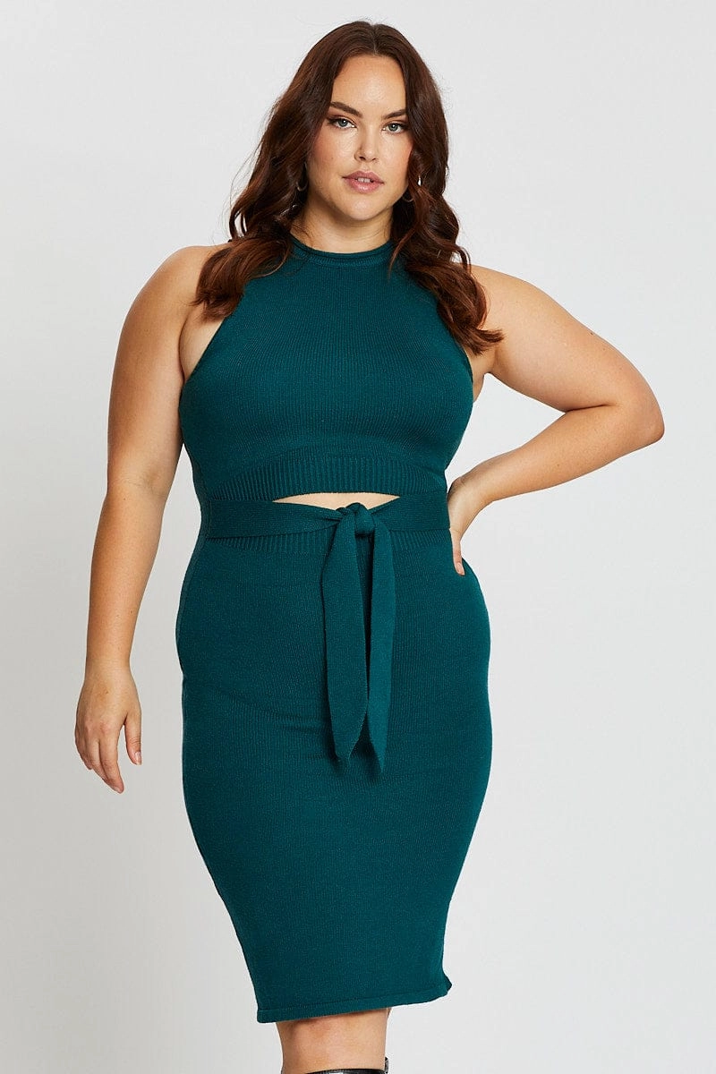 Work Fit Hidden-Pocket Green Sleeveless Tie Front Knitted Dress