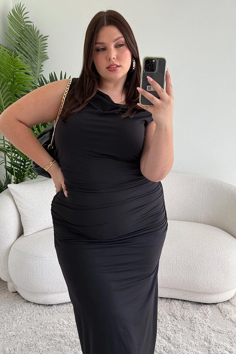 Grace Color Black Asymmetric Supersoft Bodycon Maxidress