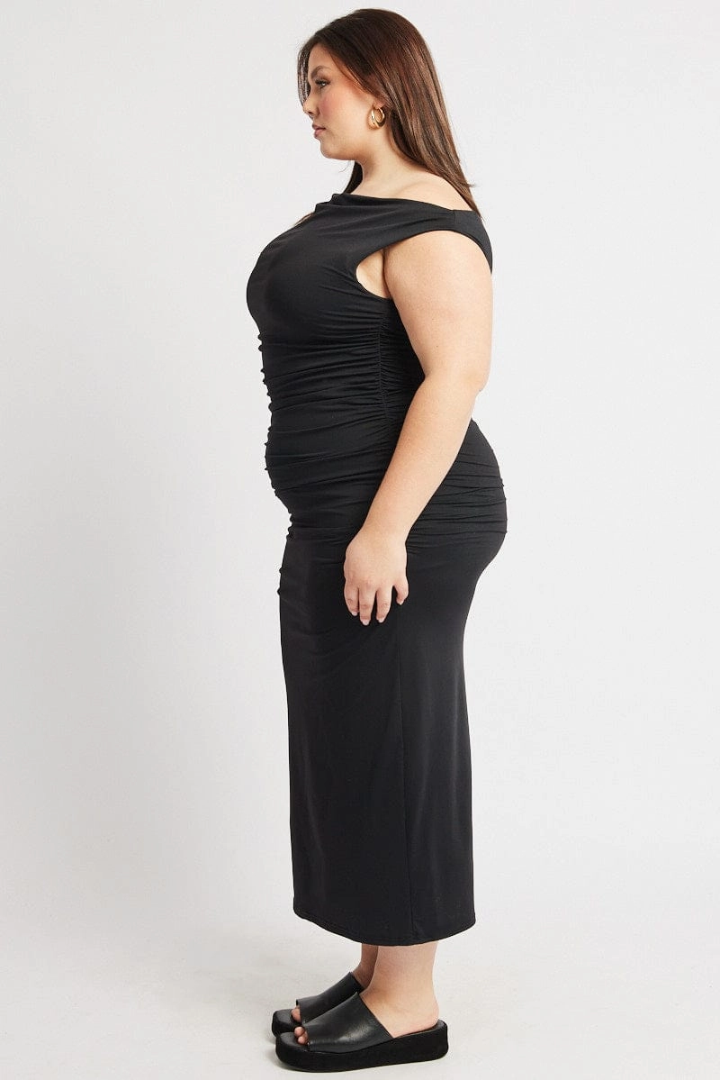 Black Asymmetric Supersoft Bodycon Maxidress Compact Fit Bow-Detail