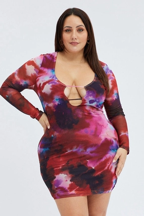 Multi Abstract Mesh Cutout Dress Long Sleeve Mini Length Special-Edition Texture Play