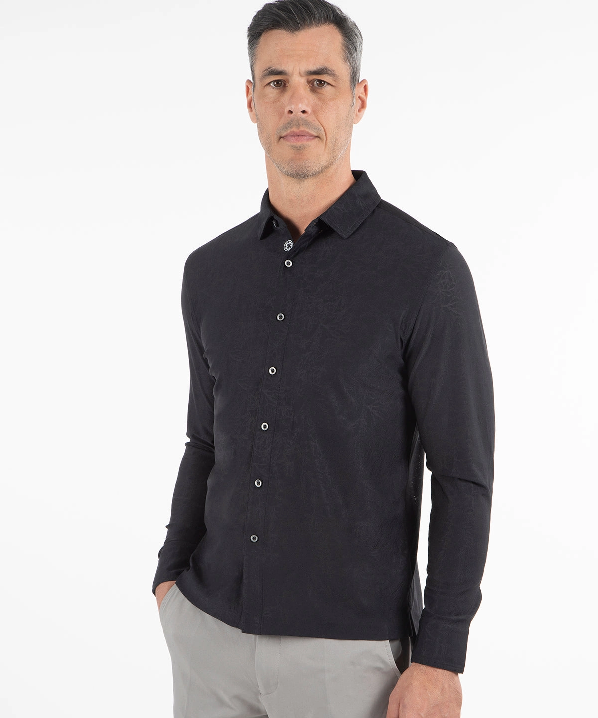 Performance Magnolia Jacquard Long-Sleeve Button-Down Sport Shirt Reinforced Side Vents Timeless Classic