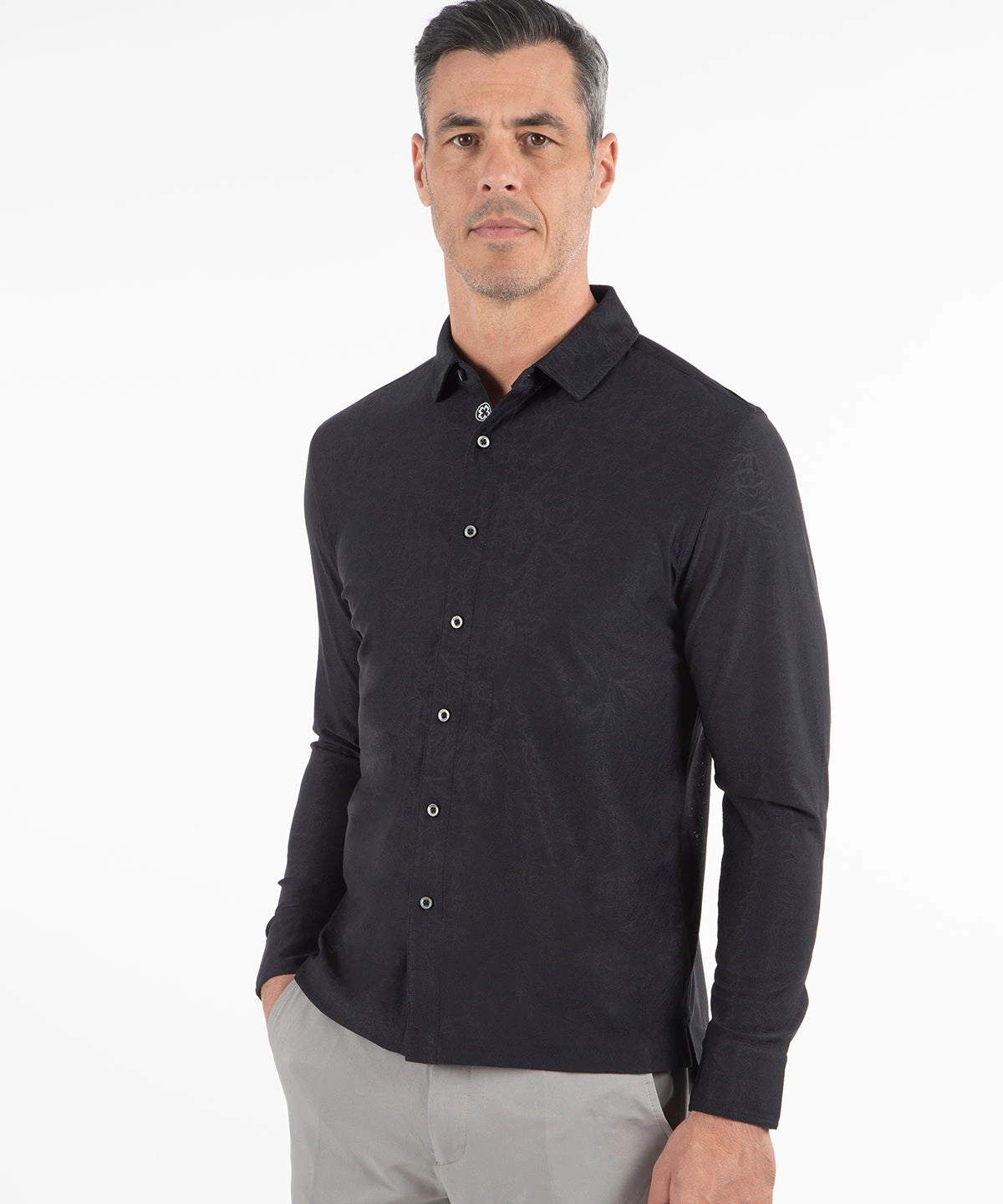 Geometric Pattern Performance Magnolia Jacquard Long-Sleeve Button-Down Sport Shirt
