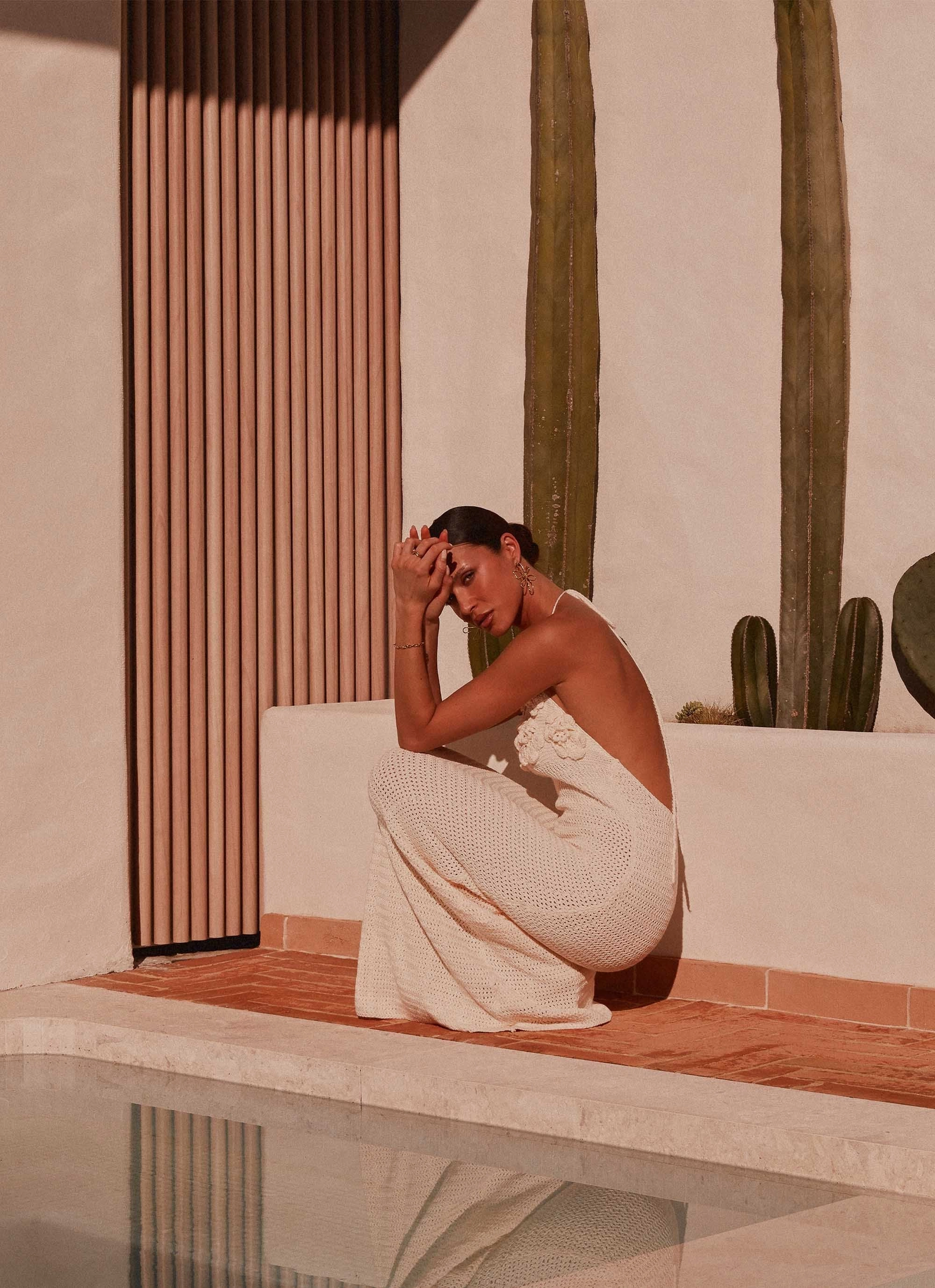 Zara Rose Crochet Maxi Dress - Ivory Flowing Texture