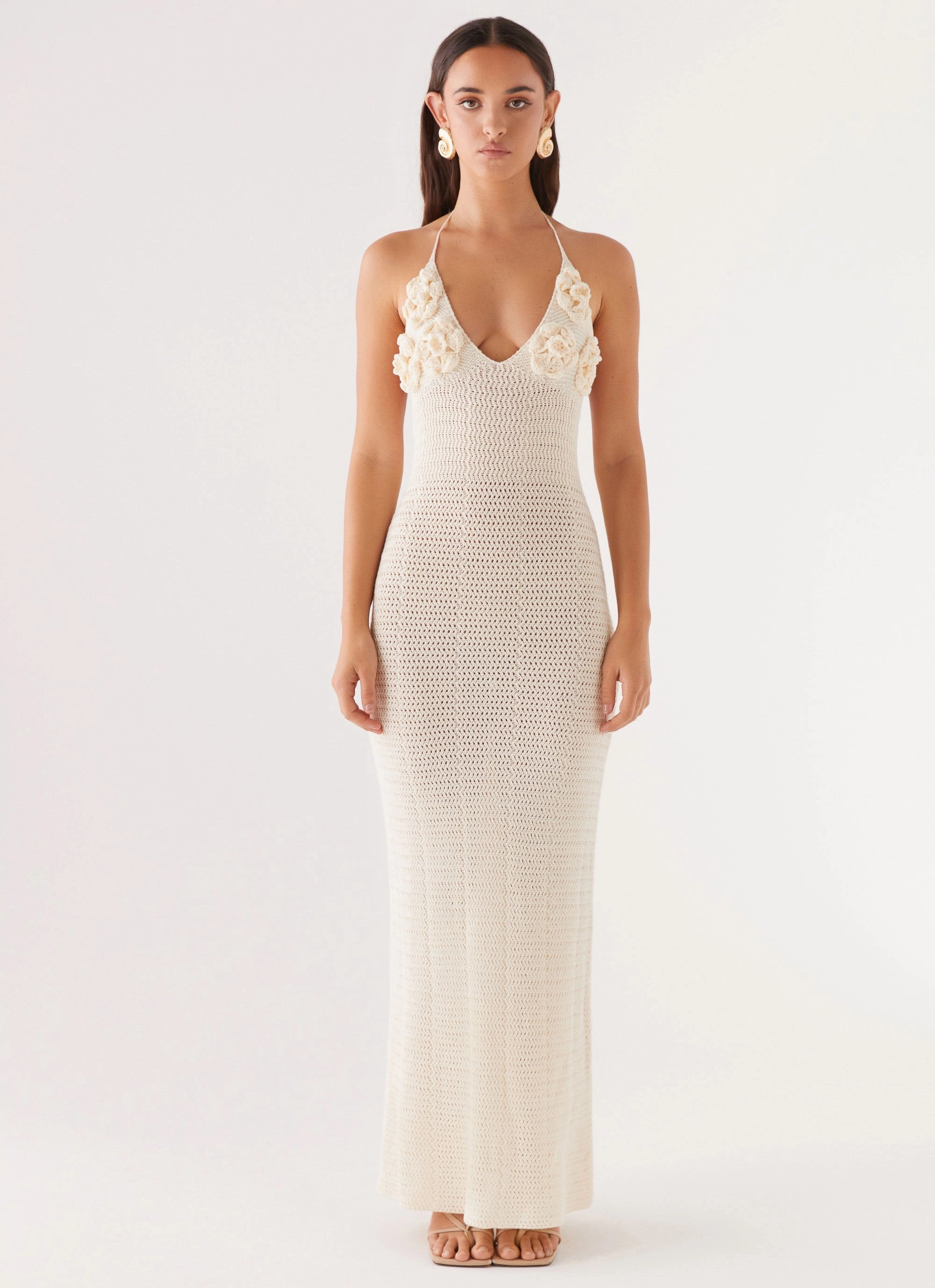 Feminine Movement Petite Chic Zara Rose Crochet Maxi Dress - Ivory