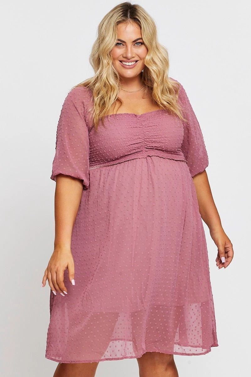 Saturated Hue Pink 3/4 Sleeve Chiffon Flocked Midi Dress