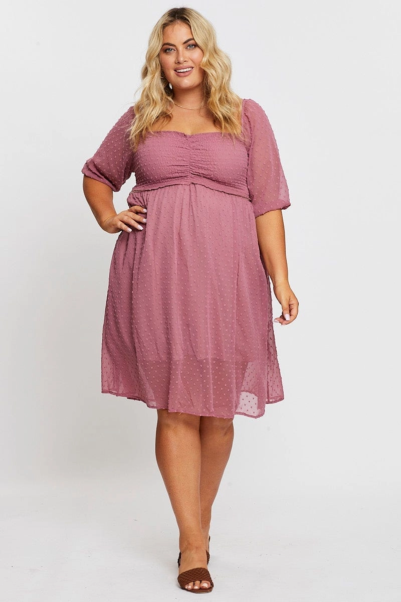 Pink 3/4 Sleeve Chiffon Flocked Midi Dress petite size