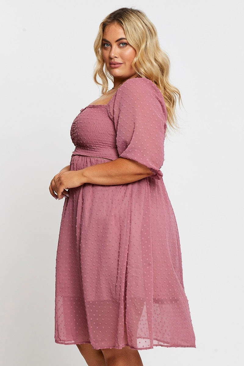 Daywear Fit Pink 3/4 Sleeve Chiffon Flocked Midi Dress