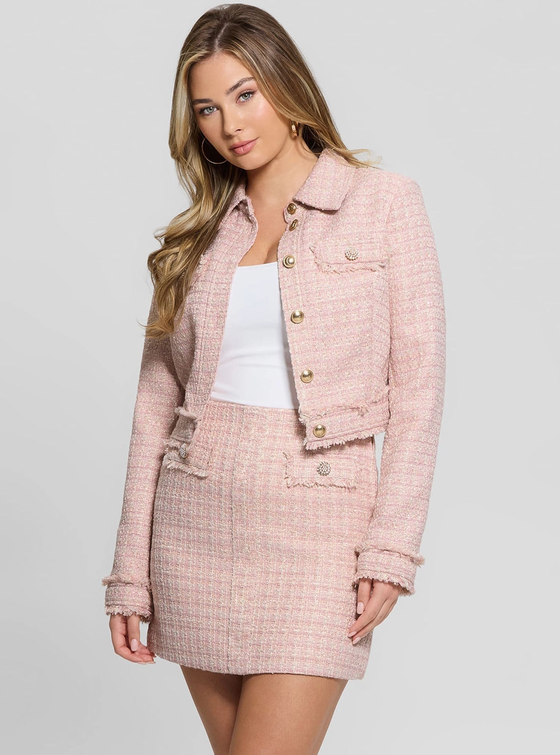 Asymmetric Hemline Soft touch finish Pink Daphnee Cropped Jacket