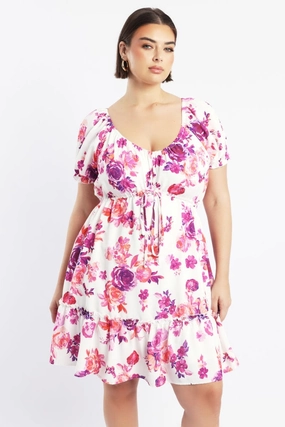 Pink Floral Frill Drawstring Bust Detail Mini Dress Chill Comfort Maximalist-Trend