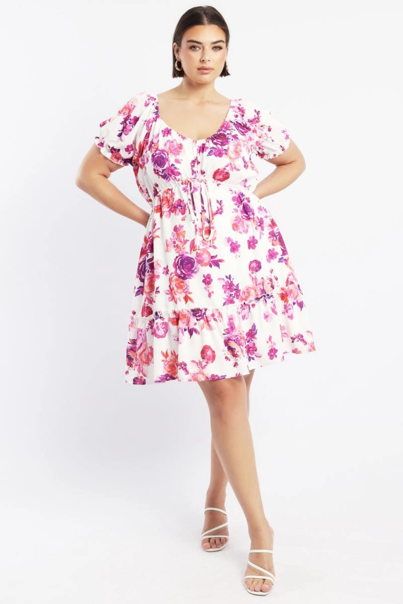 Pink Floral Frill Drawstring Bust Detail Mini Dress Flower Soft