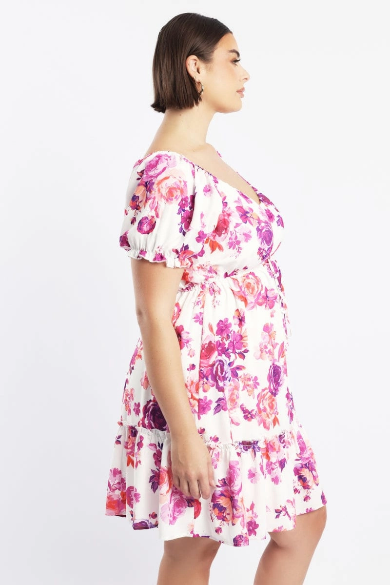 Flare Swing Short Sleeve Pink Floral Frill Drawstring Bust Detail Mini Dress